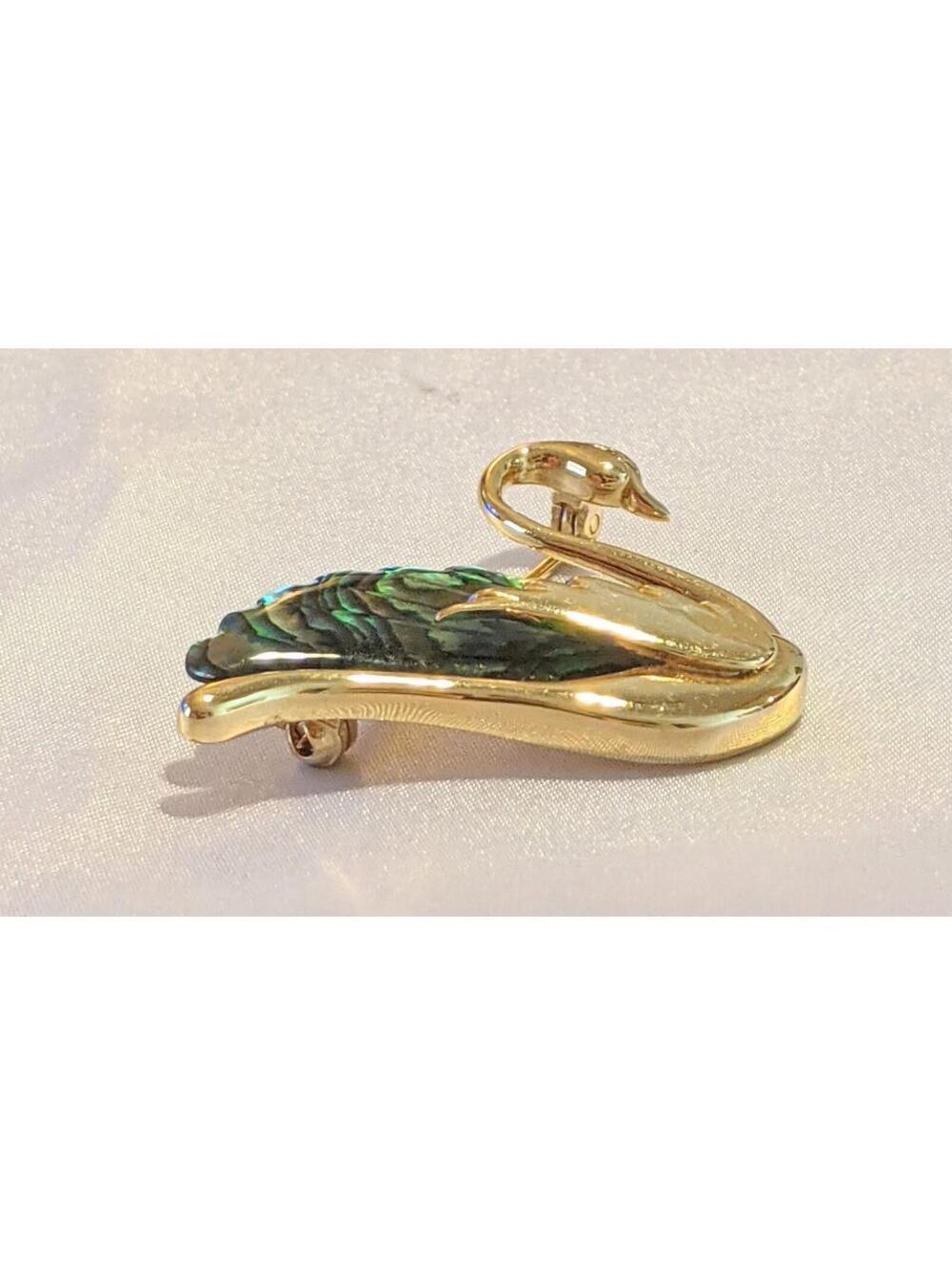 Vintage Gold Tone SWAN Shaped Pin Brooch w/ Inset Abalone Lucite Rainbow Swirls - Picture 2 of 9